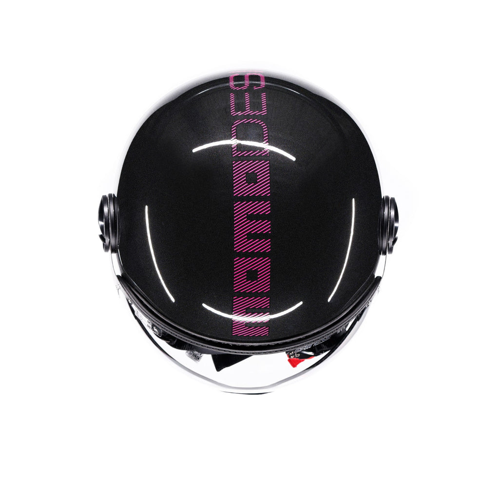 Casco jet Momo Design FGTR Classic Stripes nero glitter, vista dall'alto con il logo fucsia