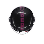 Casco jet Momo Design FGTR Classic Stripes nero glitter, vista dall'alto con il logo fucsia