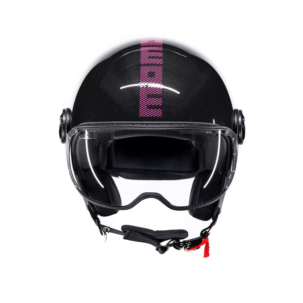 Casco jet Momo Design FGTR Classic Stripes nero glitter, vista frontale con visiera sollevata