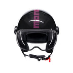 Casco jet Momo Design FGTR Classic Stripes nero glitter, vista frontale con visiera sollevata
