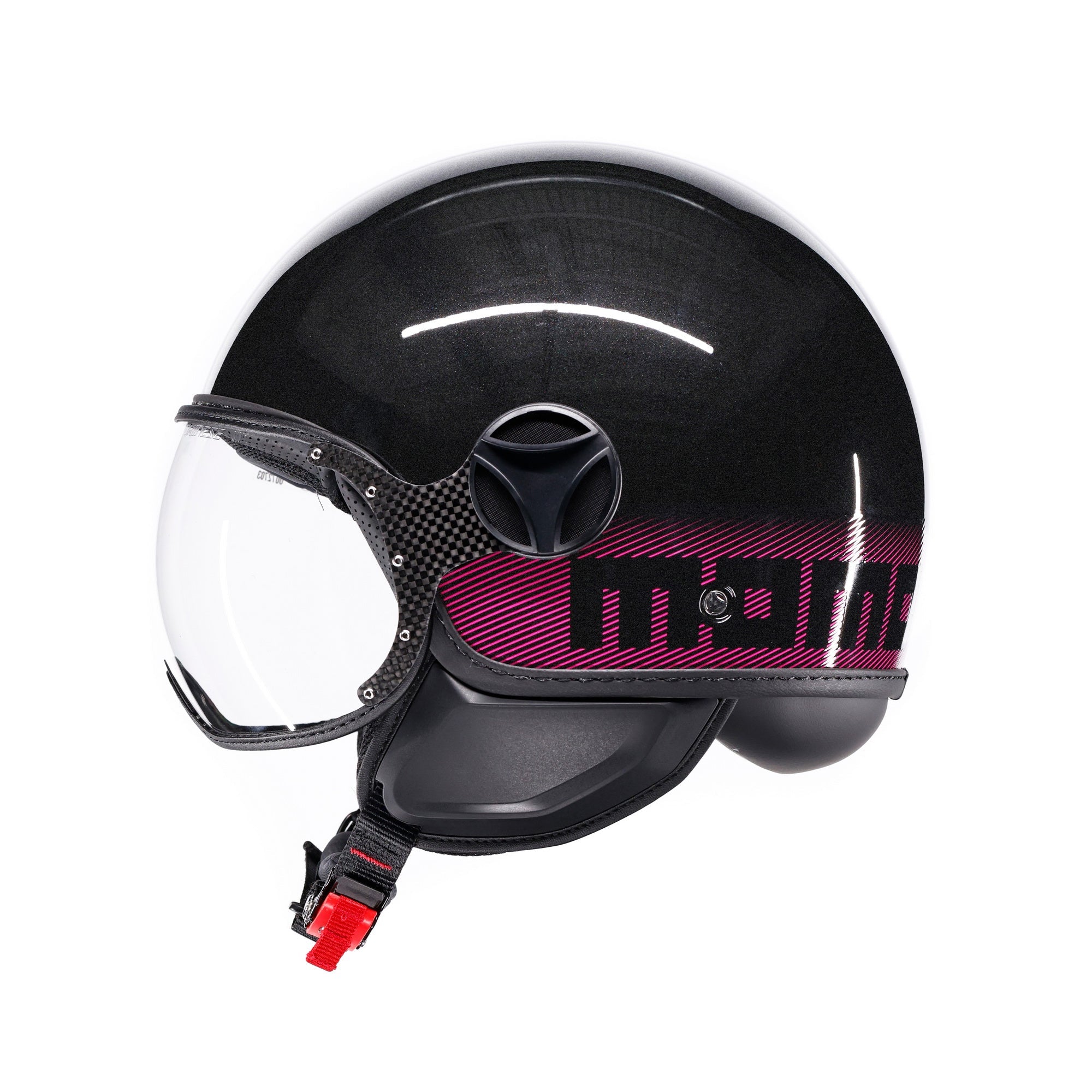 Casco jet Momo Design FGTR Classic Stripes, profilo con scritta momo a strisce fucsia