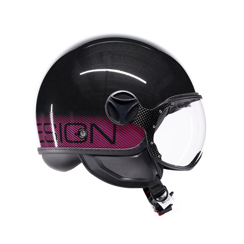 Casco jet Momo Design FGTR Classic Stripes, profilo laterale con visiera trasparente chiusa