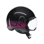 Casco jet Momo Design FGTR Classic Stripes, profilo laterale con visiera trasparente chiusa