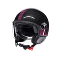 Casco jet Momo Design FGTR Classic Stripes nero glitter e fucsia, tre quarti anteriore