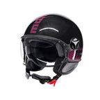 Casco jet Momo Design FGTR Classic Stripes nero glitter e fucsia, tre quarti anteriore