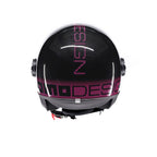 Casco jet Momo Design FGTR Classic Stripes, tre quarti posteriore con scritta MOMO DESIGN fucsia