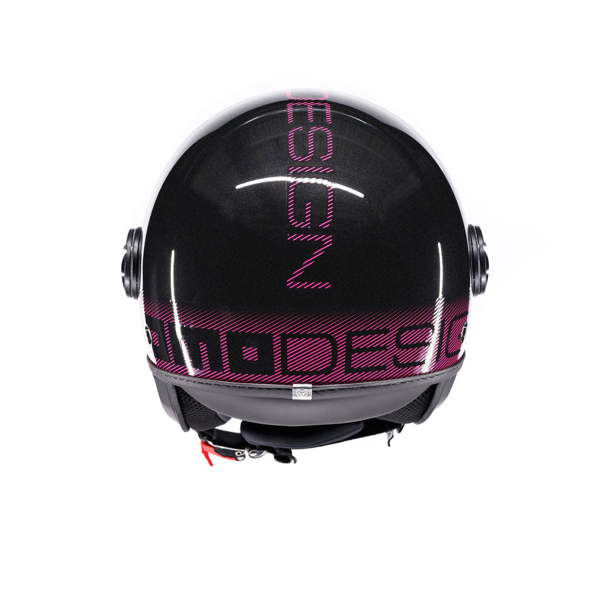 Casco jet Momo Design FGTR Classic Stripes, tre quarti posteriore con scritta MOMO DESIGN fucsia