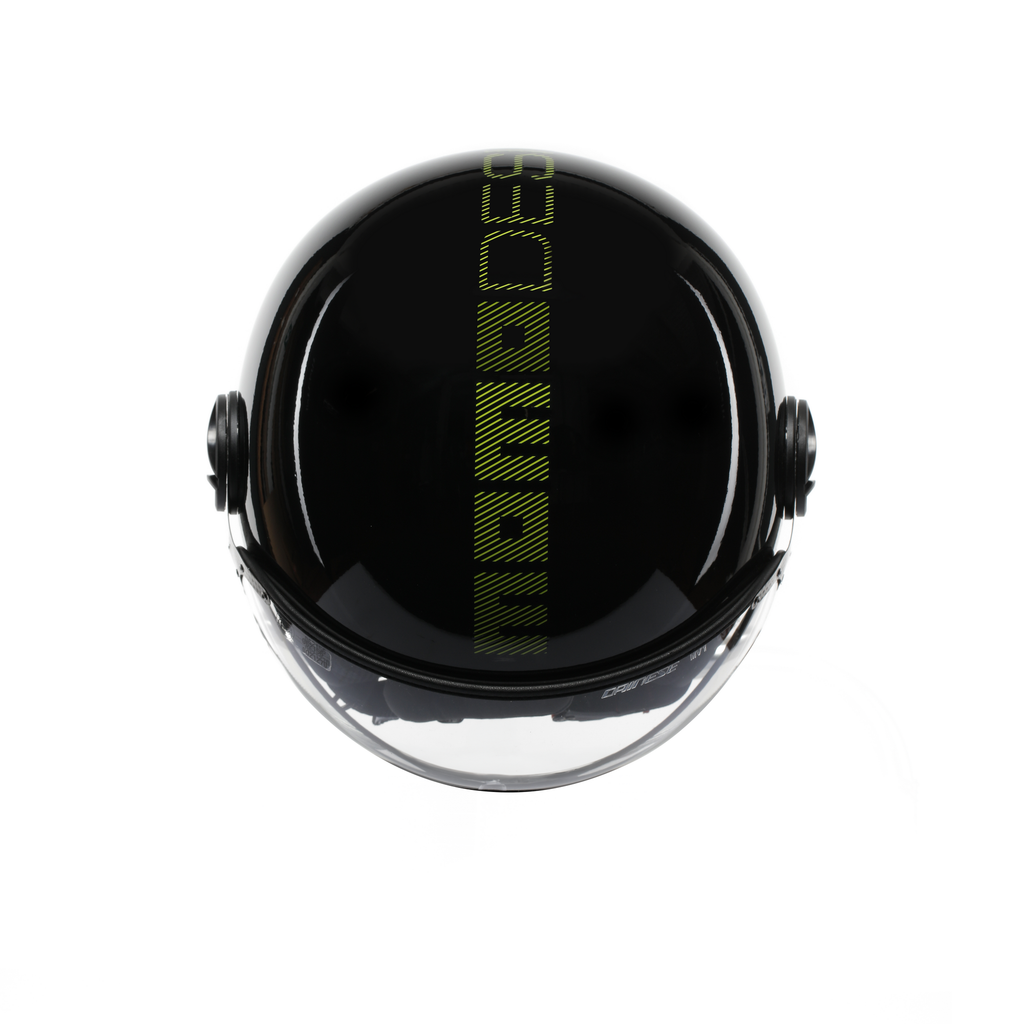 Casco jet Momo Design FGTR Classic Stripes nero lucido, vista dall'alto con il logo fluo