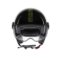 Casco jet Momo Design FGTR Classic Stripes nero lucido, vista frontale con visiera sollevata