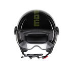 Casco jet Momo Design FGTR Classic Stripes nero lucido, vista frontale con visiera sollevata