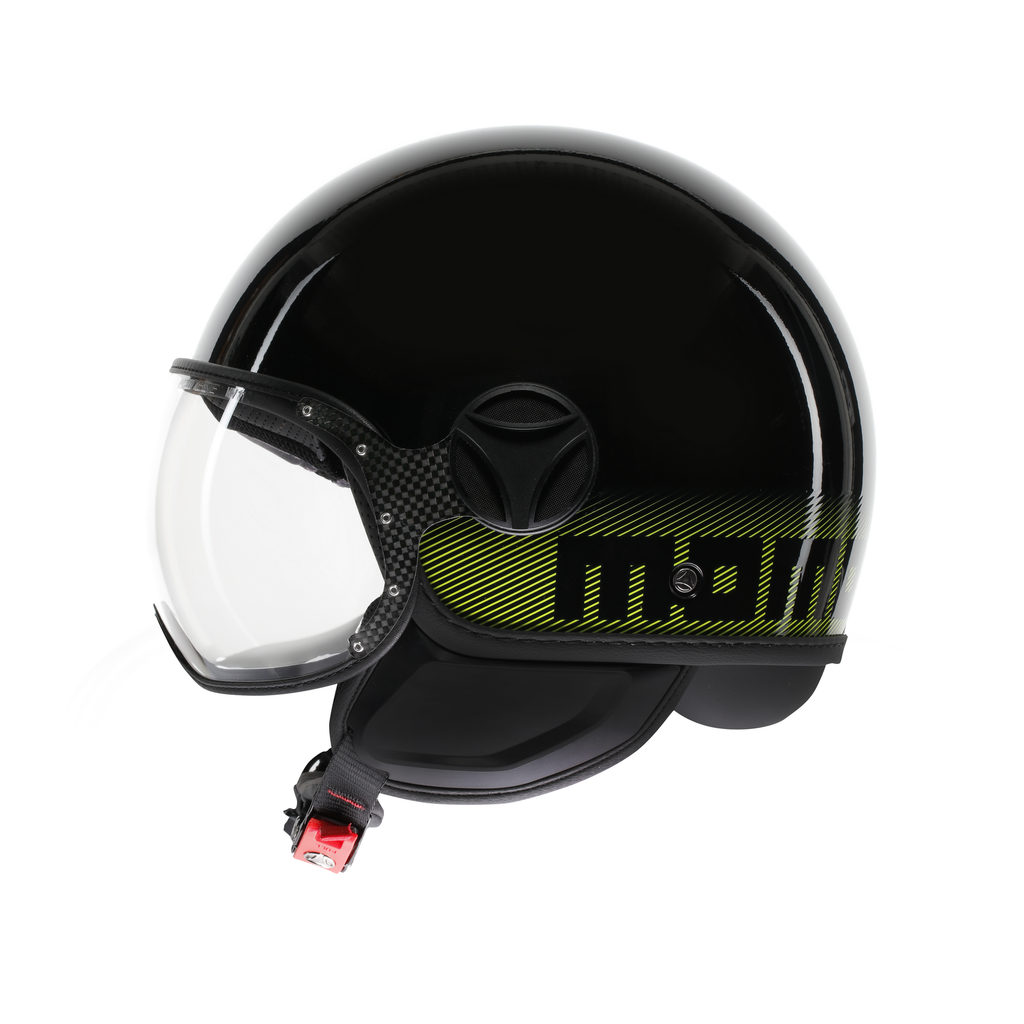 Casco jet Momo Design FGTR Classic Stripes, profilo con la scritta momo a strisce giallo fluo
