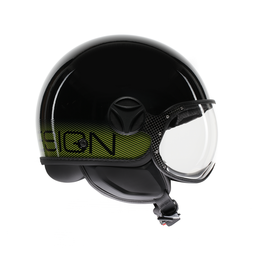Casco jet Momo Design FGTR Classic Stripes nero lucido, profilo opposto con visiera chiusa