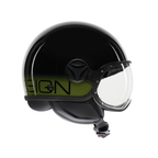 Casco jet Momo Design FGTR Classic Stripes nero lucido, profilo opposto con visiera chiusa