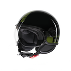 Casco jet Momo Design FGTR Classic Stripes nero lucido e giallo fluo, tre quarti anteriore