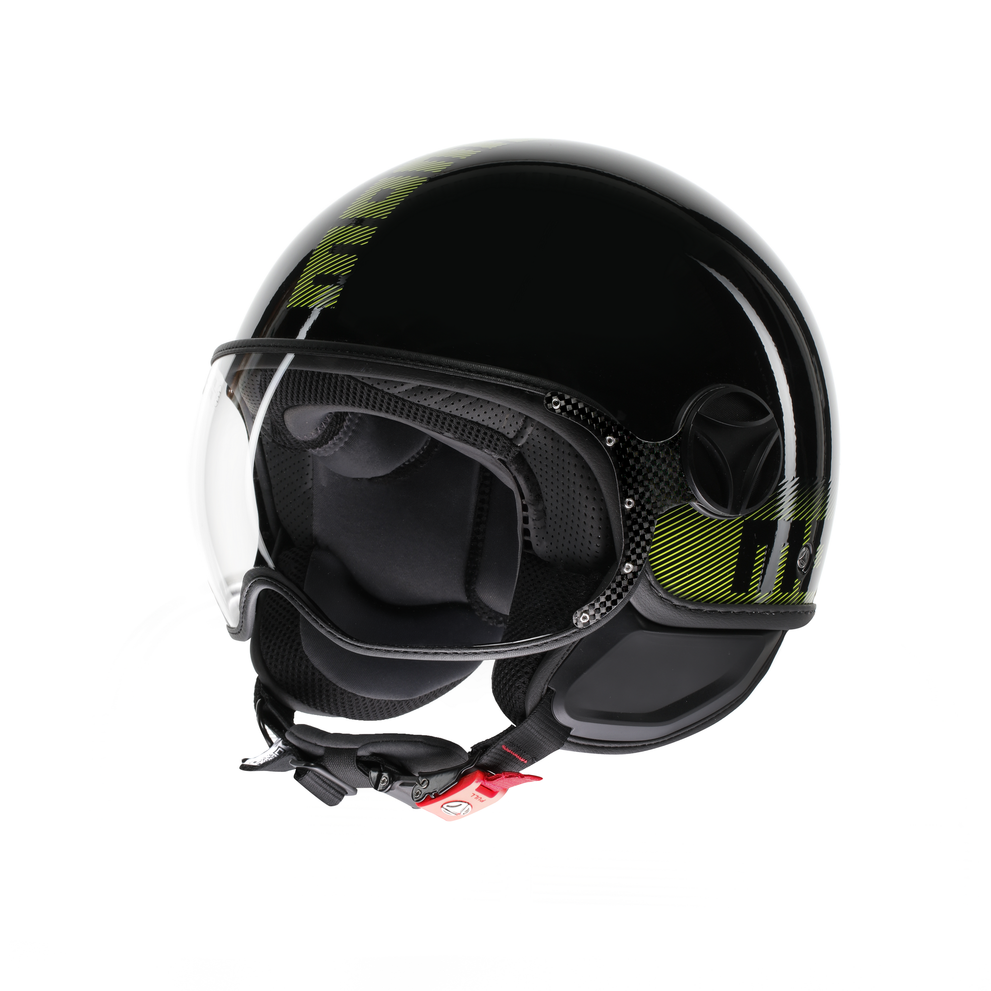Casco jet Momo Design FGTR Classic Stripes nero lucido e giallo fluo, tre quarti anteriore
