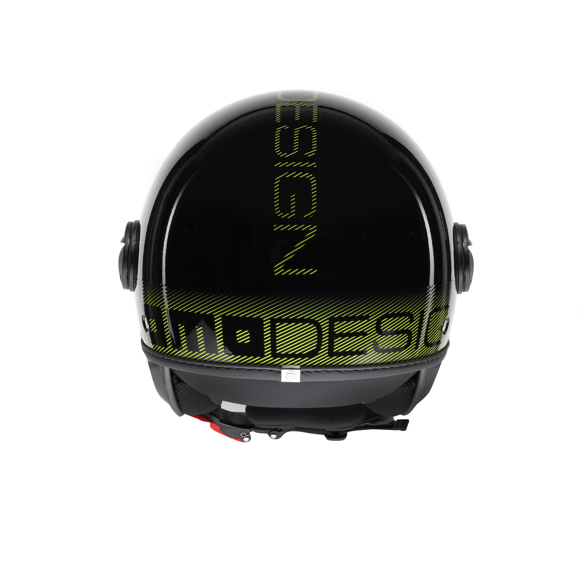 Casco jet Momo Design FGTR Classic Stripes, tre quarti posteriore con scritta MOMO DESIGN