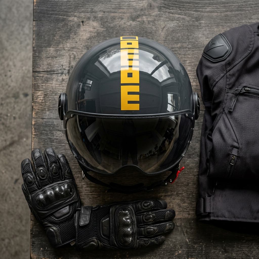 Casco jet Momo Design FGTR Classic Twofold grigio con scritta MOMODESIGN gialla, foto ambientata dall'alto su un tavolo di legno con guanti e giacca da moto