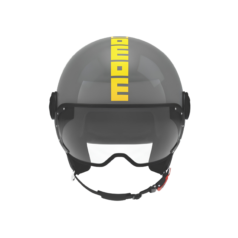 Casco jet Momo Design FGTR Classic Twofold grigio lucido, vista frontale con visiera trasparente e scritta MOMO gialla al centro