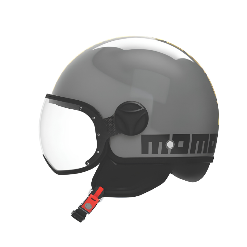 Casco jet Momo Design FGTR Classic Twofold grigio lucido, lato destro con scritta MOMO grigio pietra e linguetta del cinturino rossa