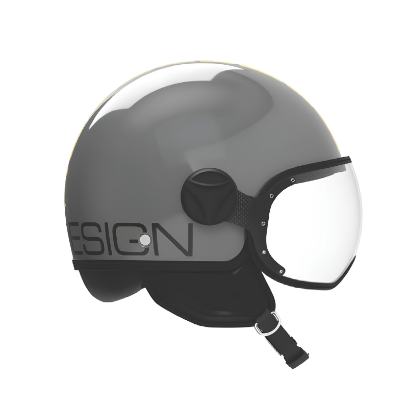 Casco jet Momo Design FGTR Classic Twofold grigio lucido, lato sinistro con scritta DESIGN grigio pietra e nottolino nero