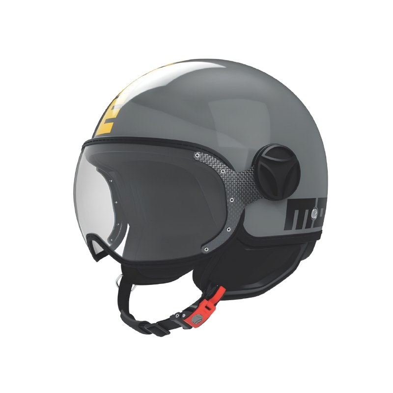 Casco jet Momo Design FGTR Classic Twofold grigio lucido con scritta MOMODESIGN gialla e grigio pietra, vista tre quarti anteriore con visiera trasparente