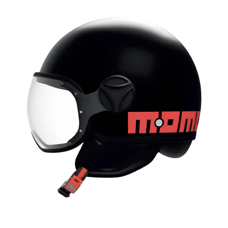 Casco jet Momo Design FGTR Classic Twofold nero opaco, lato destro con scritta MOMO rossa e linguetta del cinturino rossa