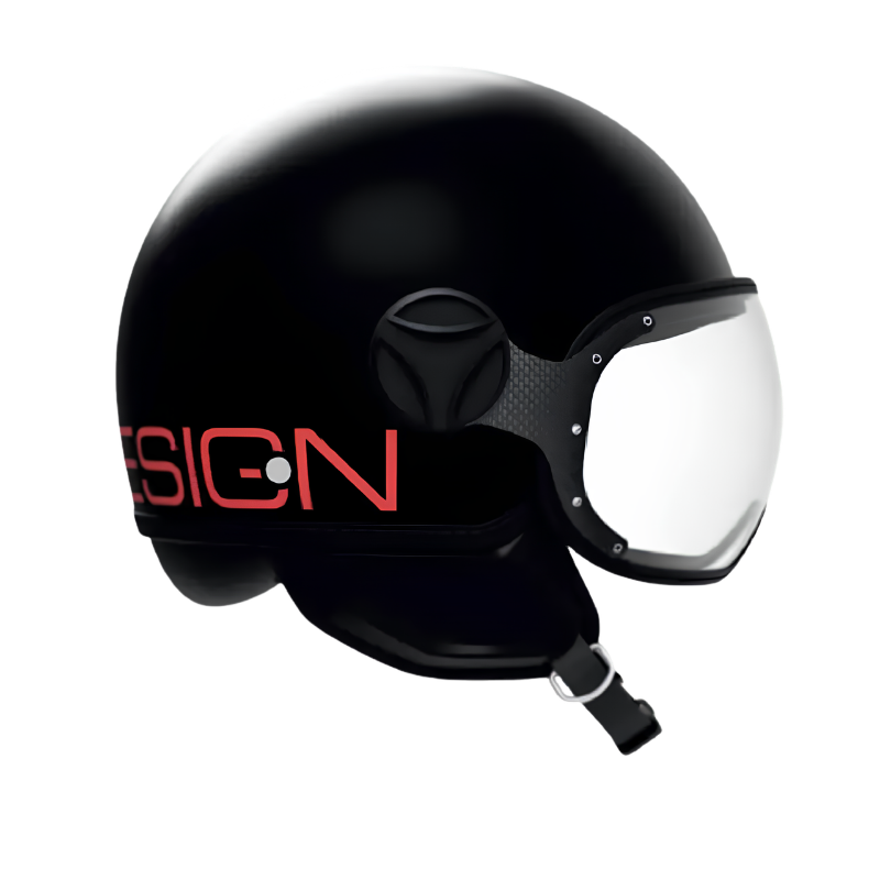 Casco jet Momo Design FGTR Classic Twofold nero opaco, lato sinistro con scritta DESIGN rossa e nottolino nero