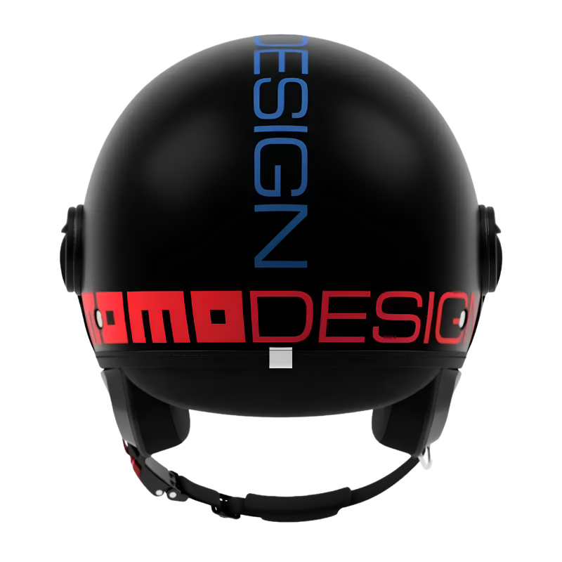 Casco jet Momo Design FGTR Classic Twofold nero opaco, vista posteriore con scritta MOMODESIGN rossa in orizzontale e blu in verticale