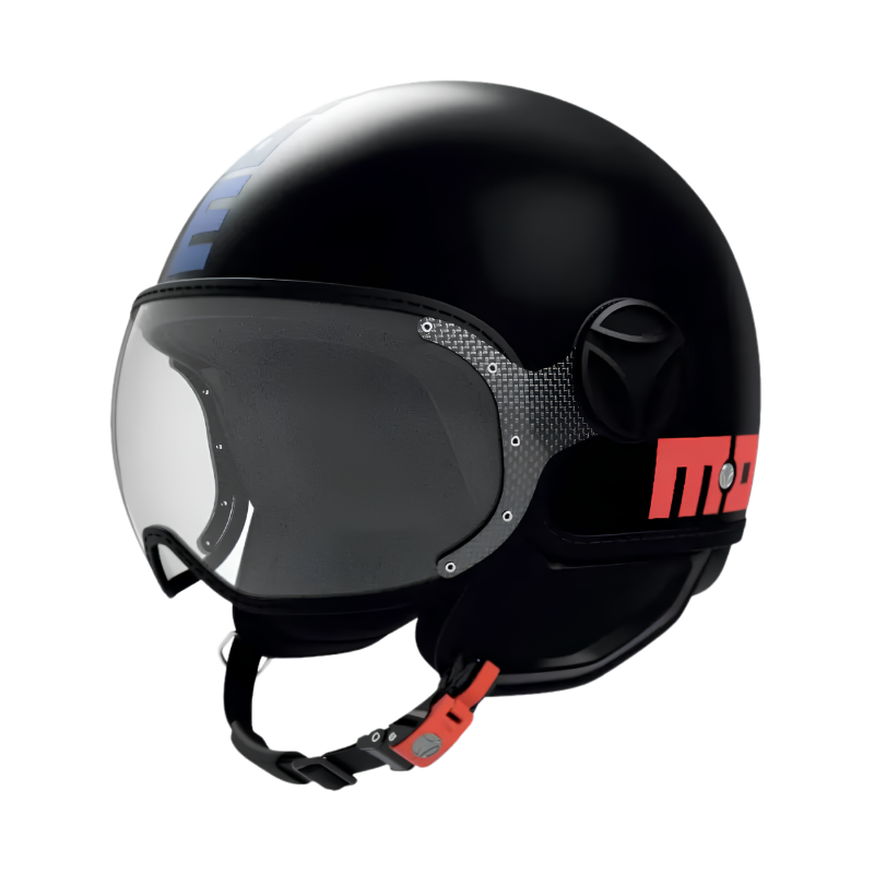 Casco jet Momo Design FGTR Classic Twofold nero opaco con scritta MOMODESIGN rossa e blu, vista tre quarti anteriore con visiera trasparente