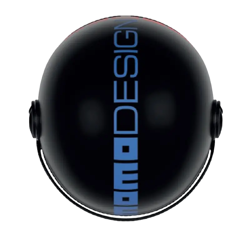 Casco jet Momo Design FGTR Classic Twofold nero opaco visto dall'alto, con scritta MOMODESIGN blu dalla fronte alla nuca