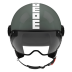 Casco jet Momo Design FGTR Classic Twofold verde nebbia lucido, vista frontale con visiera trasparente e scritta MOMO bianca al centro