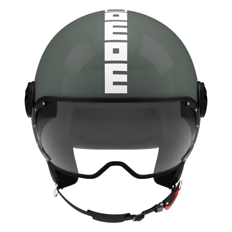 Casco jet Momo Design FGTR Classic Twofold verde nebbia lucido, vista frontale con visiera trasparente e scritta MOMO bianca al centro