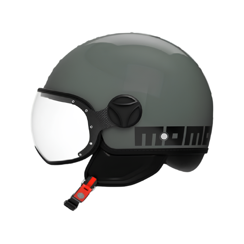 Casco jet Momo Design FGTR Classic Twofold verde nebbia lucido, lato destro con scritta MOMO nera e linguetta del cinturino rossa