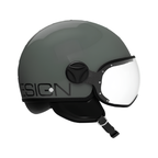 Casco jet Momo Design FGTR Classic Twofold verde nebbia lucido, lato sinistro con scritta DESIGN nera e nottolino nero