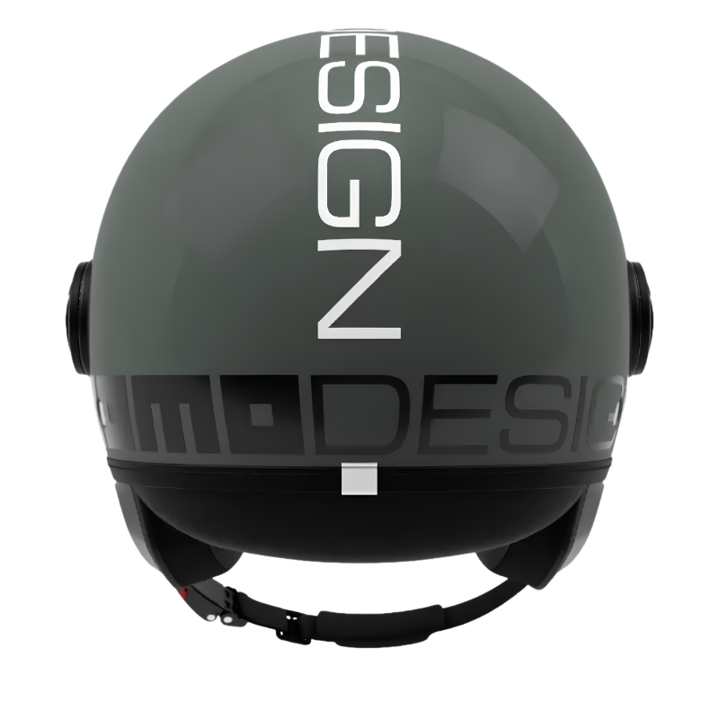 Casco jet Momo Design FGTR Classic Twofold verde nebbia lucido, vista posteriore con scritta MOMODESIGN nera in orizzontale e bianca in verticale