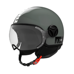 Casco jet Momo Design FGTR Classic Twofold verde nebbia lucido con scritta MOMODESIGN bianca e nera, vista tre quarti anteriore con visiera trasparente