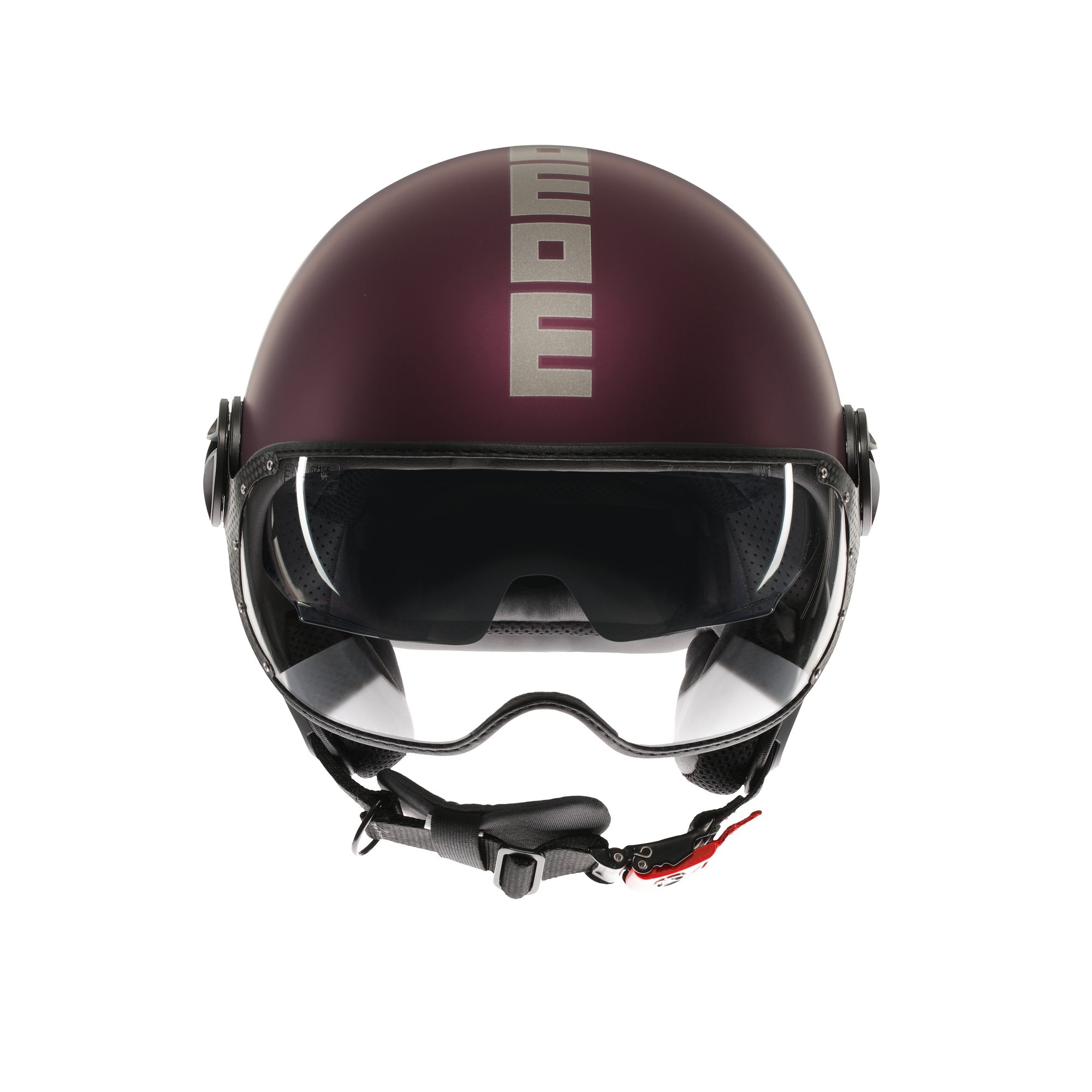 Casco jet Momo Design FGTR EVO amarena opaco, vista frontale con visiera e visierino solare abbassato