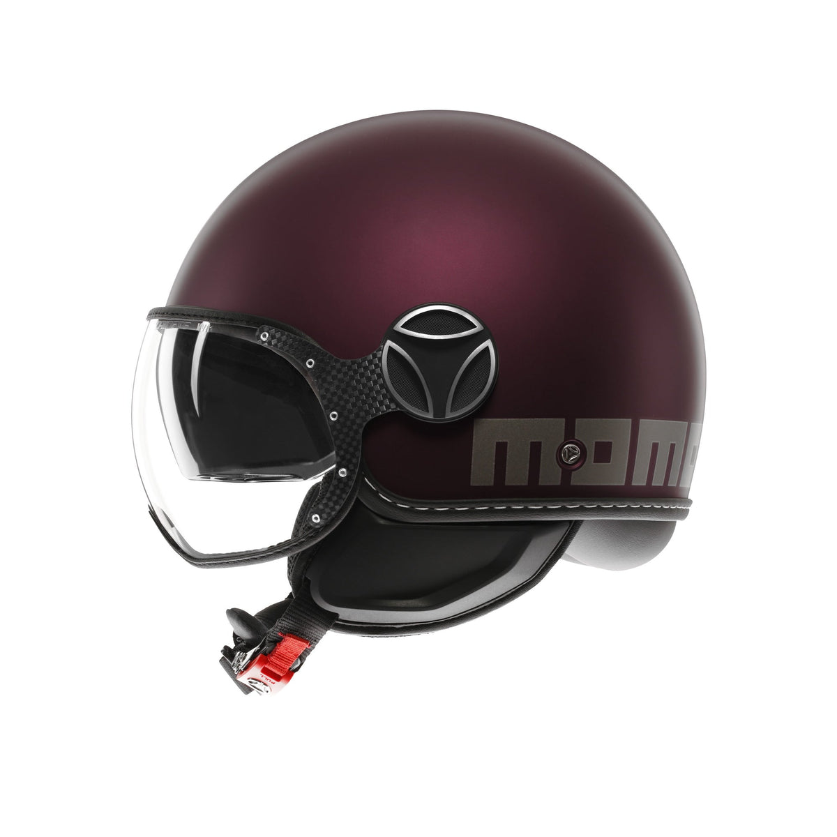 Casco jet Momo Design FGTR EVO amarena opaco, lato destro con nottolino in metallo spazzolato