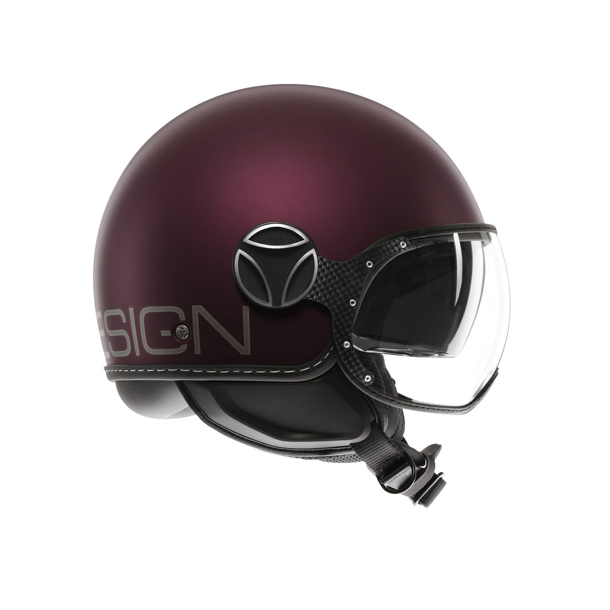 Casco jet Momo Design FGTR EVO amarena opaco, tre quarti posteriore con logo Momodesign silver