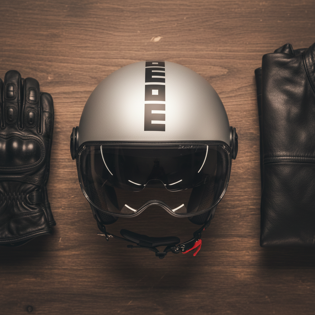 Casco jet Momo Design FGTR EVO E2206 grigio opaco fotografato con guanti e giacca in pelle
