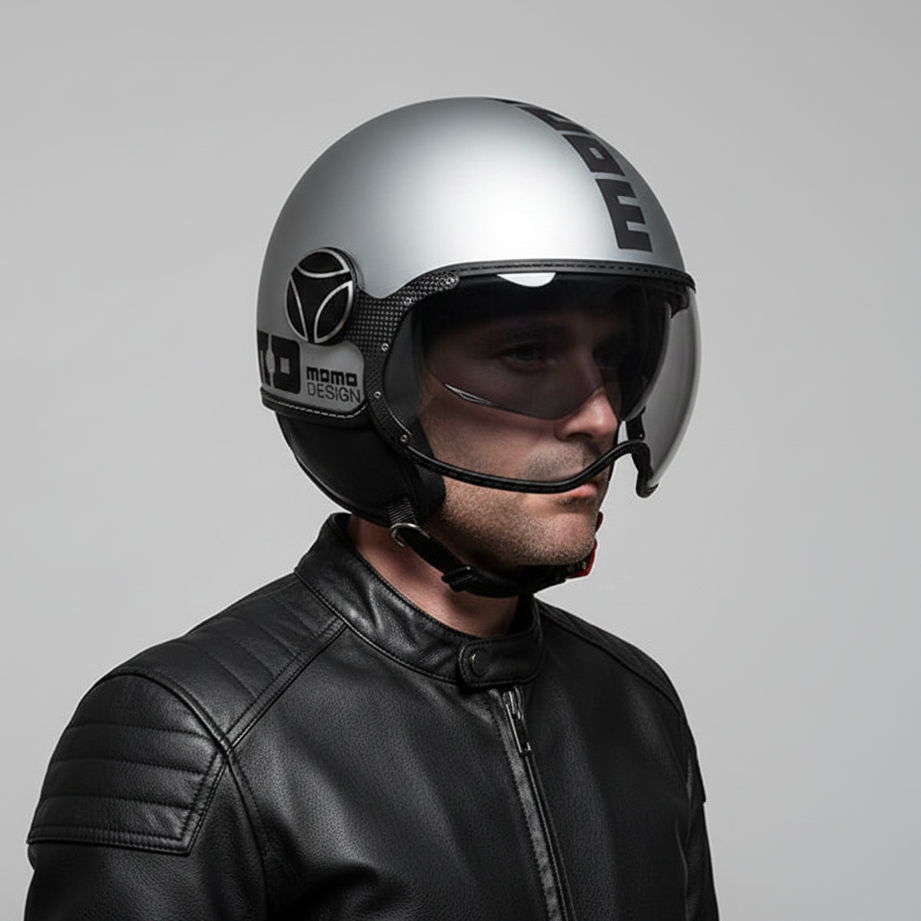 Casco jet Momo Design FGTR EVO E2206 grigio opaco indossato, vista di profilo