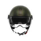 Casco jet Momo Design FGTR EVO E2206 verde opaco e nero, vista frontale con visiera abbassata
