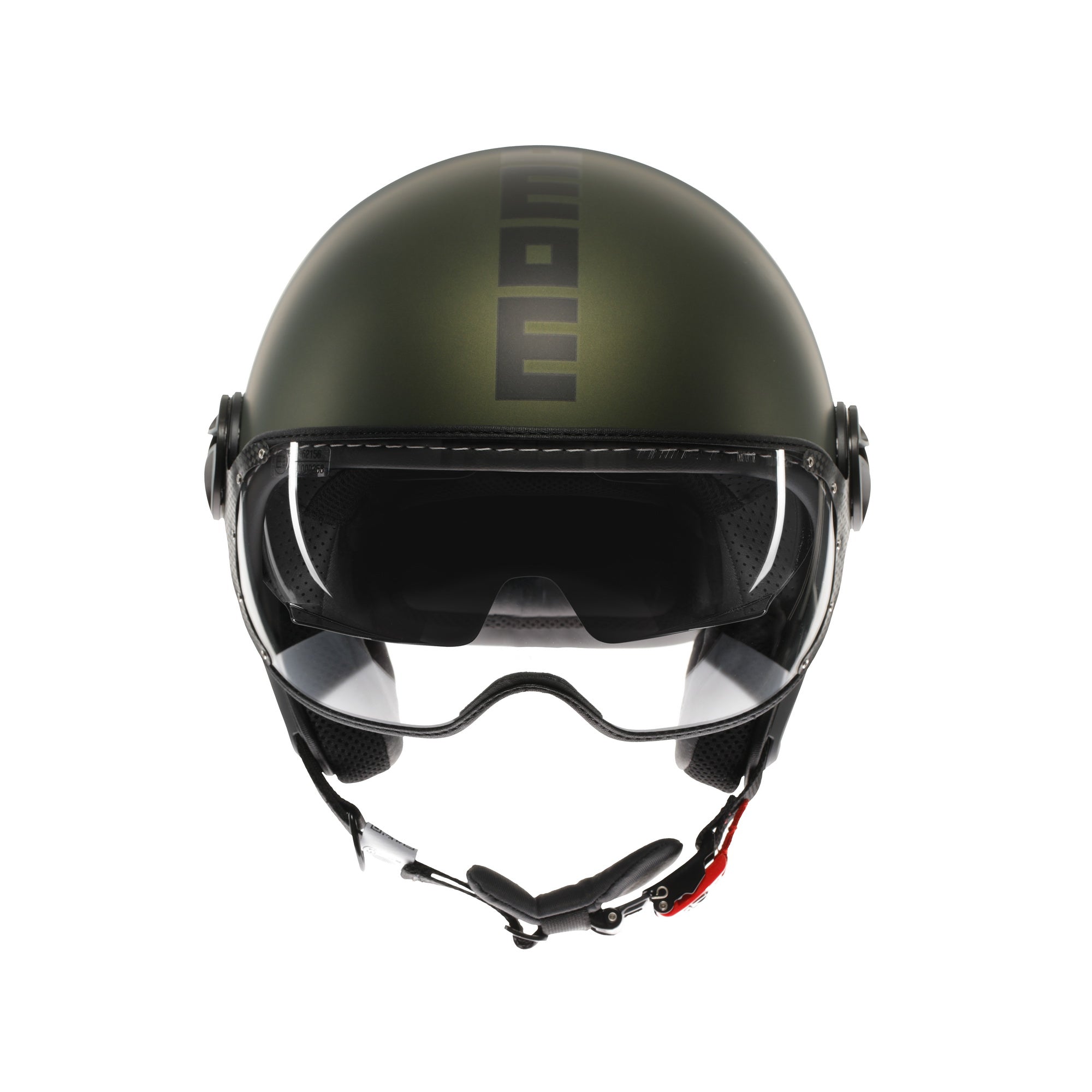 Casco jet Momo Design FGTR EVO E2206 verde opaco e nero, vista frontale con visiera abbassata