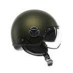 Casco jet Momo Design FGTR EVO E2206 verde opaco e nero, lato destro con nottolino visiera