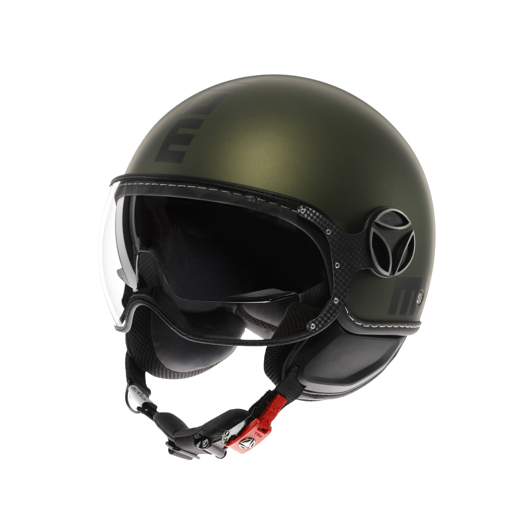 Casco jet Momo Design FGTR EVO E2206 verde opaco e nero, tre quarti anteriore sinistro