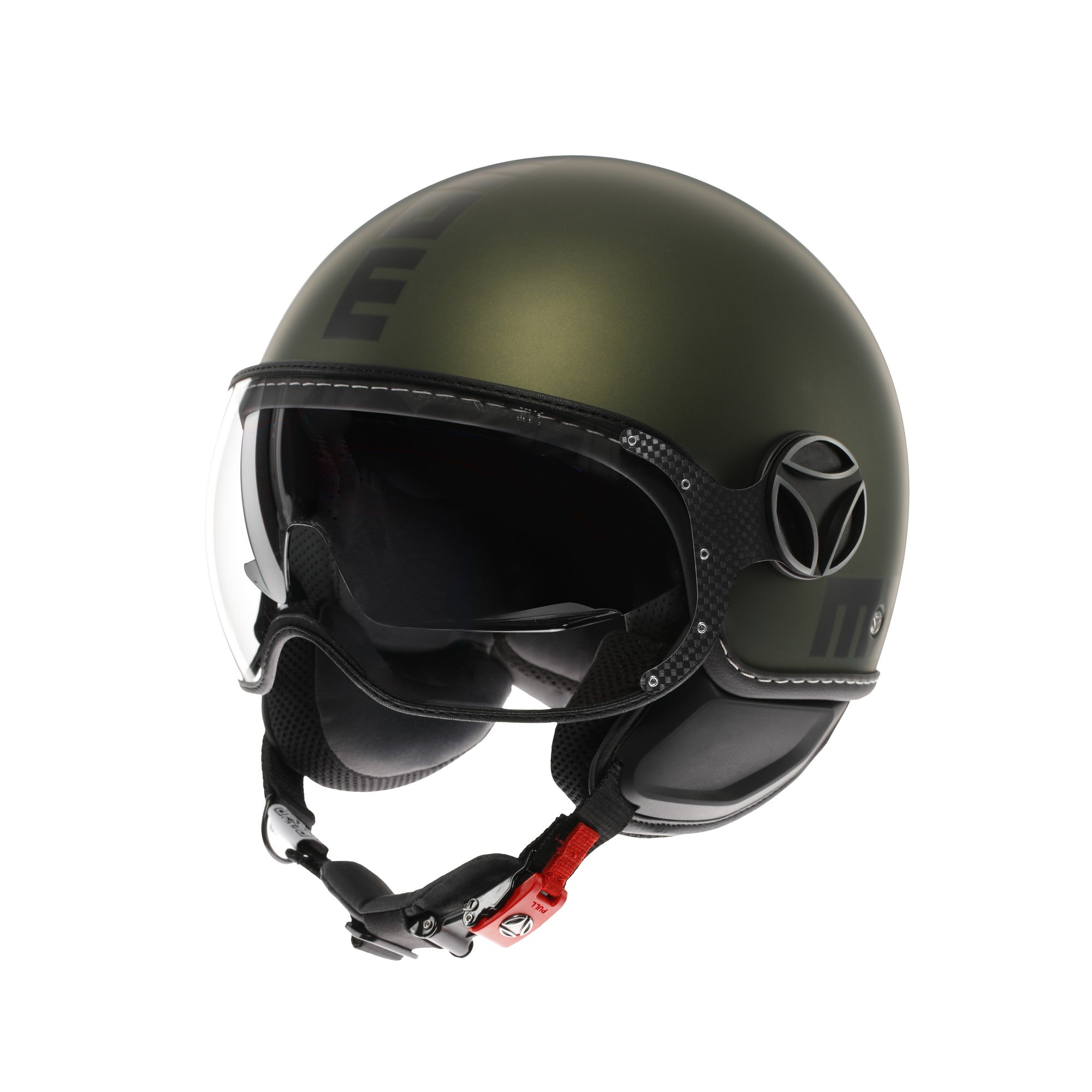 Casco jet Momo Design FGTR EVO E2206 verde opaco e nero, tre quarti anteriore sinistro