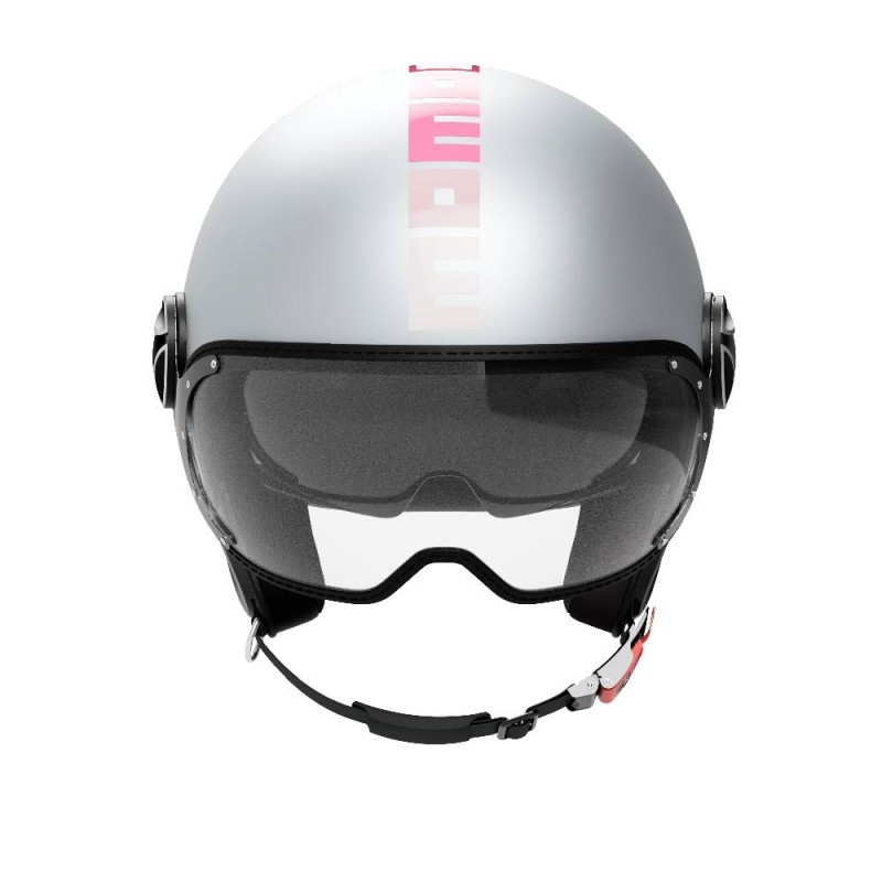Casco jet Momo Design FGTR EVO Gradial grigio ghiaccio opaco, vista frontale con visiera trasparente e visierino solare fumé