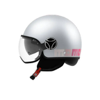 Casco jet Momo Design FGTR EVO Gradial grigio ghiaccio opaco, lato destro con scritta MOMO rosa e linguetta del cinturino rossa