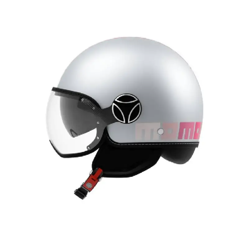 Casco jet Momo Design FGTR EVO Gradial grigio ghiaccio opaco, lato destro con scritta MOMO rosa e linguetta del cinturino rossa