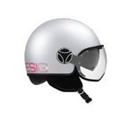 Casco jet Momo Design FGTR EVO Gradial grigio ghiaccio opaco, lato sinistro con scritta DESIGN rosa e nottolino nero